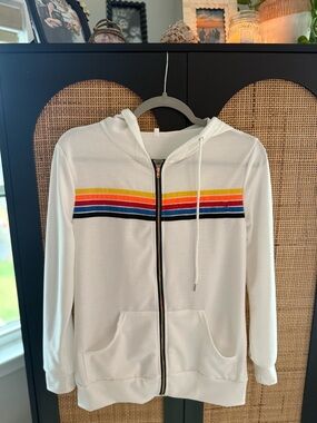 Designer-inspired White Zip Hoodie with Rainbow Stripe